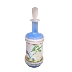 Vintage Hand Blown Bottle Hand Painted Blue & Gold Art Glass with Stopper